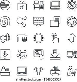 Thin Line Icon Set - bomb in case vector, desk, printer, monitor pulse, virus, folder document, network, touch screen, laptop pc, share, data exchange, download, wireless, manager, chip, fingerprint