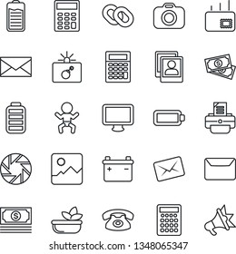 Thin Line Icon Set - bomb in case vector, baby, mail, printer, cash, camera, monitor, chain, battery, mobile, gallery, photo, calculator, phone, salad, advertising