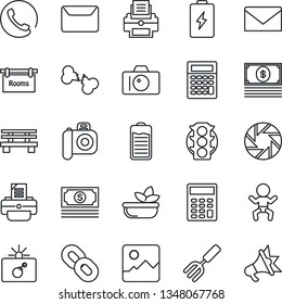 Thin Line Icon Set - bomb in case vector, baby, camera, mail, printer, garden fork, bench, broken bone, cash, traffic light, chain, battery, mobile, gallery, calculator, rooms, phone, salad