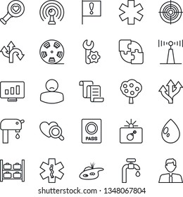 Thin Line Icon Set - bomb in case vector, passport, luggage storage, contract, statistic monitor, water drop, heart diagnostic, ambulance star, patient, route, important flag, reel, antenna, target