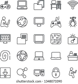 Thin Line Icon Set - bomb in case vector, lock, desk, notebook pc, monitor pulse, virus, folder document, gamepad, tv, network, laptop, share, download, wireless, manager, chip, fingerprint