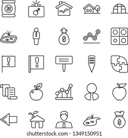 Thin Line Icon Set - bomb in case vector, left arrow, manager, contract, plant label, greenhouse, fertilizer, important flag, application, point graph, house with tree, pond, estate agent, eco