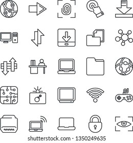 Thin Line Icon Set - bomb in case vector, wireless notebook, right arrow, lock, folder document, gamepad, tv, network, touch screen, laptop pc, share, hdmi, data exchange, download, manager desk