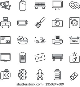 Thin Line Icon Set - bomb in case vector, baby, camera, printer, garden fork, bench, cash, traffic light, monitor, chain, battery, mail, mobile, rooms, salad, car