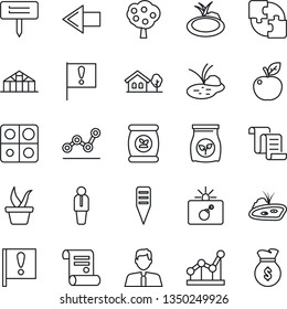 Thin Line Icon Set - bomb in case vector, left arrow, manager, contract, seedling, plant label, greenhouse, pond, fertilizer, important flag, application, point graph, house with tree, fruit, apple