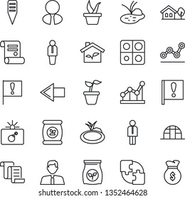 Thin Line Icon Set - bomb in case vector, left arrow, manager, contract, seedling, plant label, greenhouse, pond, fertilizer, important flag, application, point graph, house with tree, estate agent