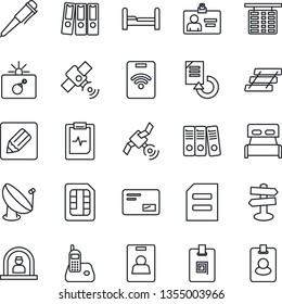 Thin Line Icon Set - bomb in case vector, reception, flight table, identity card, pen, document, reload, pulse clipboard, signpost, satellite antenna, radio phone, mail, sim, notes, paper binder