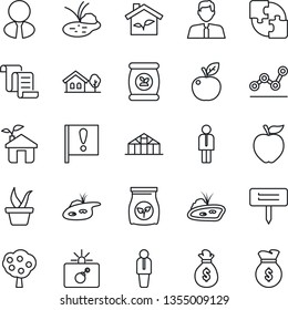 Thin Line Icon Set - bomb in case vector, manager, contract, seedling, plant label, greenhouse, pond, fertilizer, important flag, application, point graph, house with tree, fruit, estate agent, eco