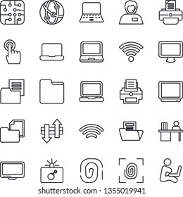 Thin Line Icon Set - bomb in case vector, notebook pc, printer, support, folder document, tv, network, touch screen, monitor, laptop, data exchange, wireless, manager desk, chip, fingerprint