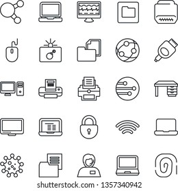 Thin Line Icon Set - bomb in case vector, lock, mouse, desk, notebook pc, monitor pulse, virus, support, folder document, network, laptop, share, hdmi, wireless, printer, fingerprint