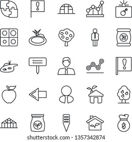 Thin Line Icon Set - bomb in case vector, left arrow, manager, plant label, greenhouse, pond, fertilizer, important flag, application, point graph, fruit tree, estate agent, apple, eco house
