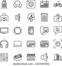 Thin Line Icon Set - bomb in case vector, calendar, tree, bike, term, route, speaker, settings, headphones, monitor, mobile, camera, calculator, notebook pc, cushioned furniture, fireplace, chip