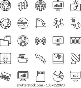 Thin Line Icon Set - bomb in case vector, crisis graph, statistic monitor, document reload, folder, barcode, satellite antenna, network, share, scanner, sd, data exchange, download, statistics, pie