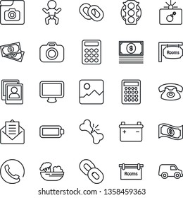 Thin Line Icon Set - bomb in case vector, baby, broken bone, cash, traffic light, camera, monitor, chain, mail, gallery, photo, battery, calculator, rooms, phone, salad, car