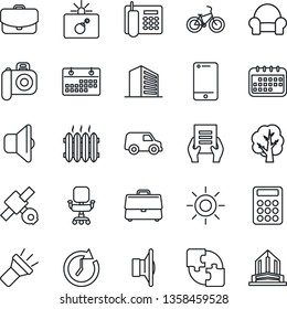 Thin Line Icon Set - bomb in case vector, office building, document, tree, sun, bike, satellite, camera, speaker, cell phone, torch, application, calendar, calculator, chair, cushioned furniture