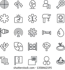 Thin Line Icon Set - bomb in case vector, passport, bed, wind, luggage storage, contract, water drop, pond, heart diagnostic, ambulance star, patient, route, important flag, folder document, antenna