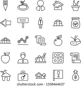 Thin Line Icon Set - bomb in case vector, left arrow, manager, contract, seedling, plant label, greenhouse, pond, fertilizer, important flag, application, point graph, house with tree, estate agent
