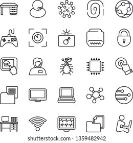 Thin Line Icon Set - bomb in case vector, lock, desk, monitor pulse, virus, support, folder document, gamepad, network, touch screen, share, hdmi, wireless, notebook pc, chip, home control app