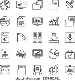 Thin Line Icon Set - bomb in case vector, office binder, crisis graph, document, statistic monitor, reload, diagnosis, folder, barcode, satellite antenna, scanner, sd, network, data exchange, pie