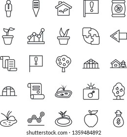 Thin Line Icon Set - bomb in case vector, left arrow, manager, contract, seedling, plant label, greenhouse, pond, fertilizer, important flag, application, point graph, house with tree, fruit, apple