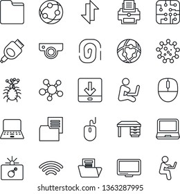 Thin Line Icon Set - bomb in case vector, mouse, desk, notebook pc, virus, folder document, network, monitor, laptop, share, hdmi, data exchange, download, wireless, printer, chip, web camera
