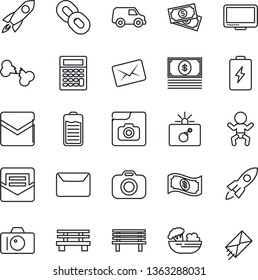 Thin Line Icon Set - bomb in case vector, baby, camera, bench, broken bone, cash, monitor, chain, battery, mail, photo gallery, salad, rocket, calculator, car