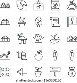 Thin Line Icon Set - bomb in case vector, left arrow, manager, contract, seedling, plant label, greenhouse, pond, fertilizer, important flag, application, point graph, house with tree, fruit, apple