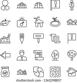 Thin Line Icon Set - bomb in case vector, left arrow, manager, contract, plant label, greenhouse, pond, fertilizer, important flag, application, point graph, house with tree, fruit, estate agent