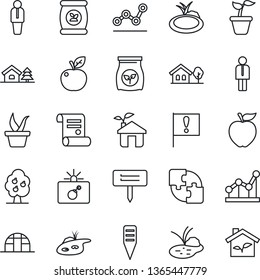 Thin Line Icon Set - bomb in case vector, manager, contract, seedling, plant label, greenhouse, pond, fertilizer, important flag, application, point graph, house with tree, fruit, apple, eco