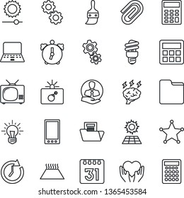 Thin Line Icon Set - bomb in case vector, notebook pc, brainstorm, heart hand, client, mobile, themes, calculator, alarm, folder, calendar, brightness, paper clip, document, sun panel, tv, gear