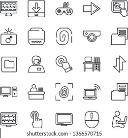 Thin Line Icon Set - bomb in case vector, wireless notebook, right arrow, mouse, desk, monitor pulse, support, folder document, gamepad, touch screen, hdmi, data exchange, download, manager, pc