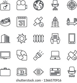 Thin Line Icon Set - bomb in case vector, office building, notebook pc, document, sun, earth, satellite, route, video camera, monitor, mobile, calendar, torch, eye id, application, chair, target