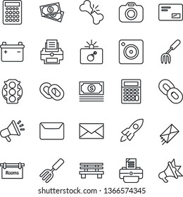 Thin Line Icon Set - bomb in case vector, mail, printer, garden fork, bench, broken bone, cash, traffic light, camera, chain, mobile, rooms, battery, rocket, calculator, advertising