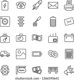 Thin Line Icon Set - bomb in case vector, camera, mail, printer, garden fork, bench, cash, traffic light, chain, battery, mobile, gallery, rooms, phone, rocket, calculator, car, advertising