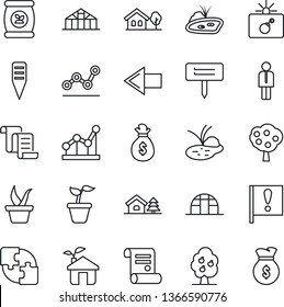 Thin Line Icon Set - bomb in case vector, left arrow, manager, contract, seedling, plant label, greenhouse, pond, fertilizer, important flag, application, point graph, house with tree, fruit, eco