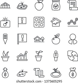 Thin Line Icon Set - bomb in case vector, manager, contract, seedling, plant label, greenhouse, pond, fertilizer, important flag, application, point graph, house with tree, estate agent, apple fruit