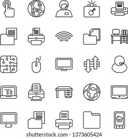 Thin Line Icon Set - bomb in case vector, mouse, desk, notebook pc, printer, support, folder document, tv, network, touch screen, monitor, data exchange, wireless, chip, home control app
