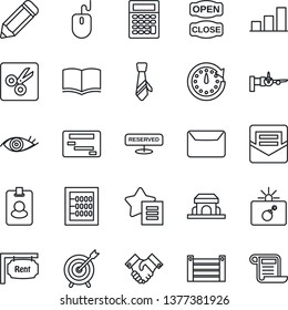 Thin Line Icon Set - bomb in case vector, boarding, book, mouse, pencil, eye, container, favorites list, mail, cut, bar graph, abacus, tie, handshake, rent, reserved, cafe building, open close