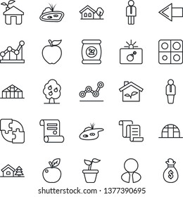 Thin Line Icon Set - bomb in case vector, left arrow, manager, contract, seedling, greenhouse, fertilizer, application, point graph, house with tree, pond, fruit, estate agent, apple, eco, money bag