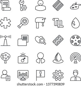 Thin Line Icon Set - bomb in case vector, contract, statistic monitor, water drop, heart diagnostic, pills blister, ambulance star, patient, important flag, folder document, reel, antenna, pond