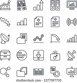 Thin Line Icon Set - bomb in case vector, growth statistic, office binder, crisis graph, document reload, diagnosis, folder, barcode, satellite antenna, share, network, download, monitor statistics