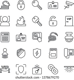 Thin Line Icon Set - bomb in case vector, identity, stamp, lock, card, hose, shield, flammable, chain, protect, sd, face id, key, vip zone, intercome, home control app, combination, surveillance