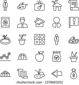 Thin Line Icon Set - bomb in case vector, left arrow, manager, contract, seedling, greenhouse, pond, fertilizer, important flag, application, point graph, estate agent, apple fruit, eco house