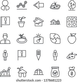 Thin Line Icon Set - bomb in case vector, left arrow, manager, seedling, plant label, greenhouse, pond, fertilizer, important flag, application, point graph, house with tree, fruit, estate agent