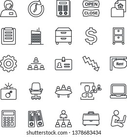 Thin Line Icon Set - bomb in case vector, identity, gear, hierarchy, dollar sign, office binder, crisis graph, meeting, support, clipboard, laptop pc, hr, calculator, archive box, contract, rent
