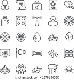 Thin Line Icon Set - bomb in case vector, passport, bed, wind, luggage storage, statistic monitor, contract, water drop, heart diagnostic, patient, route, antenna, application, root setup, target