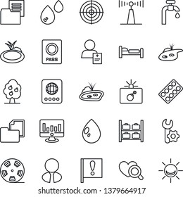 Thin Line Icon Set - bomb in case vector, passport, bed, luggage storage, statistic monitor, water drop, pond, heart diagnostic, pills blister, patient, important flag, folder document, reel, target