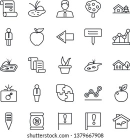 Thin Line Icon Set - bomb in case vector, left arrow, manager, contract, seedling, plant label, pond, fertilizer, important flag, application, point graph, house with tree, fruit, estate agent, eco