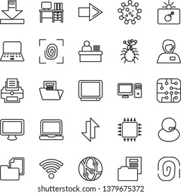 Thin Line Icon Set - bomb in case vector, right arrow, desk, notebook pc, virus, support, folder document, tv, network, monitor, laptop, data exchange, download, wireless, manager, printer, chip