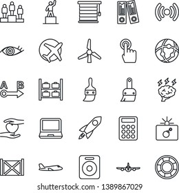 Thin Line Icon Set - bomb in case vector, plane, luggage storage, pedestal, office binder, brainstorm, heart hand, eye, container, route, touch screen, laptop pc, speaker, themes, network, windmill